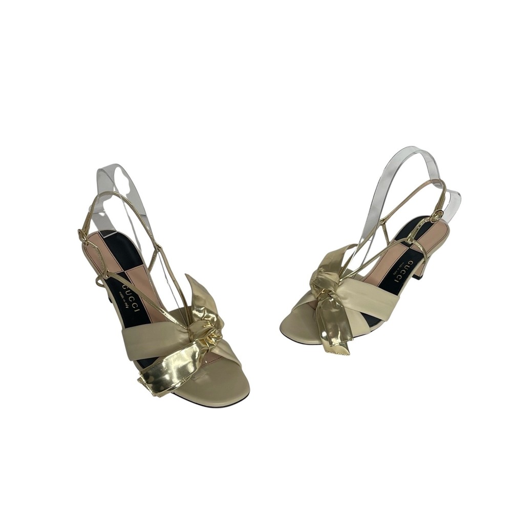Gucci‎ Charlotte Metallic Gold Bow Slingback Kitten Heel Sandals EU 37 US 7